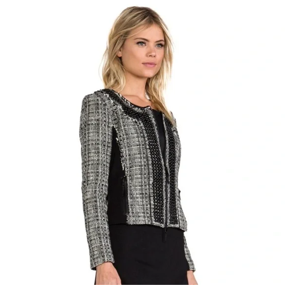 MILLY Studded Leather Trim Tweed Jacket 8 Black White​ - Picture 10 of 10